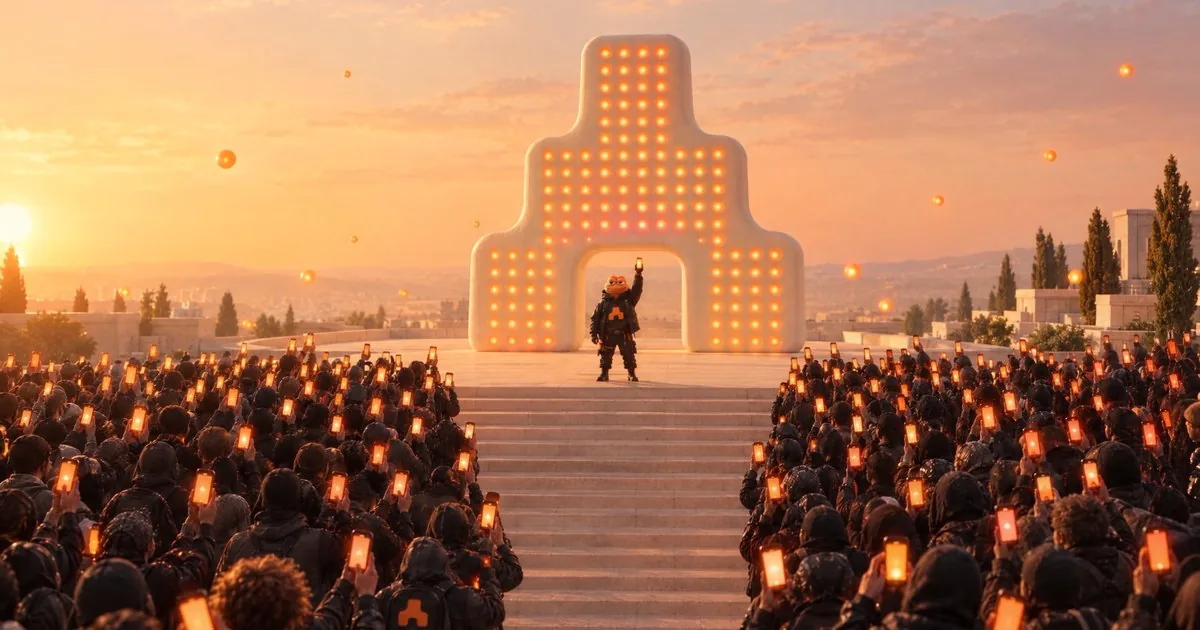 An orange Pepe in an ARC hoodie at the top of the steps raising a glowing phone, the ARC monument lit behind him and the crowd holding up orange-lit phones.