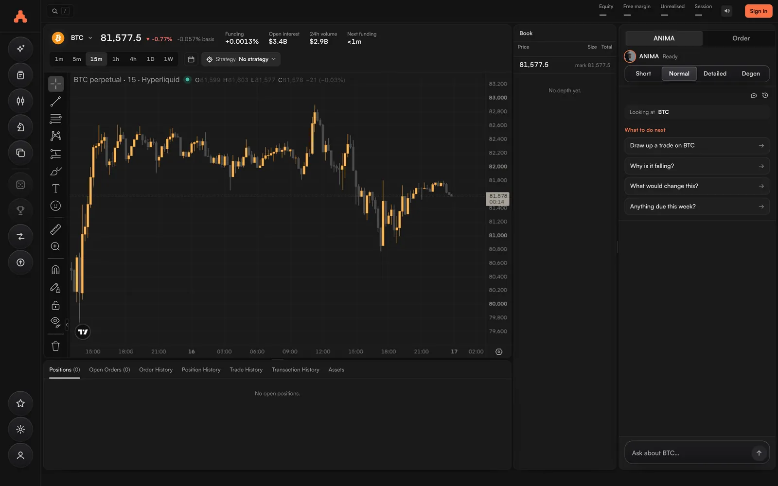 ARC's pro chart: Bitcoin on Hyperliquid with the order book and ANIMA beside it