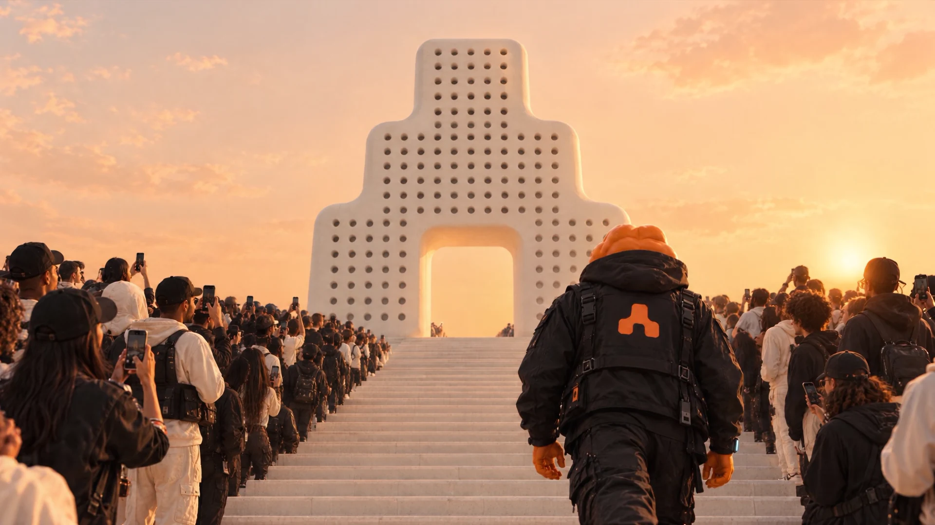 An orange Pepe in a black ARC hoodie walks up pale stone steps through a streetwear crowd filming him, toward a bone-white monument shaped like the ARC mark